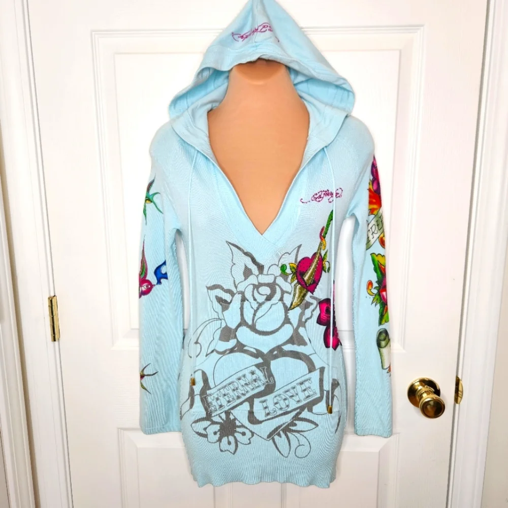 Ed Hardy x Christian Audigier Hooded Sweater Mini Dress Size XS Rhinestone - Picture 1 of 16